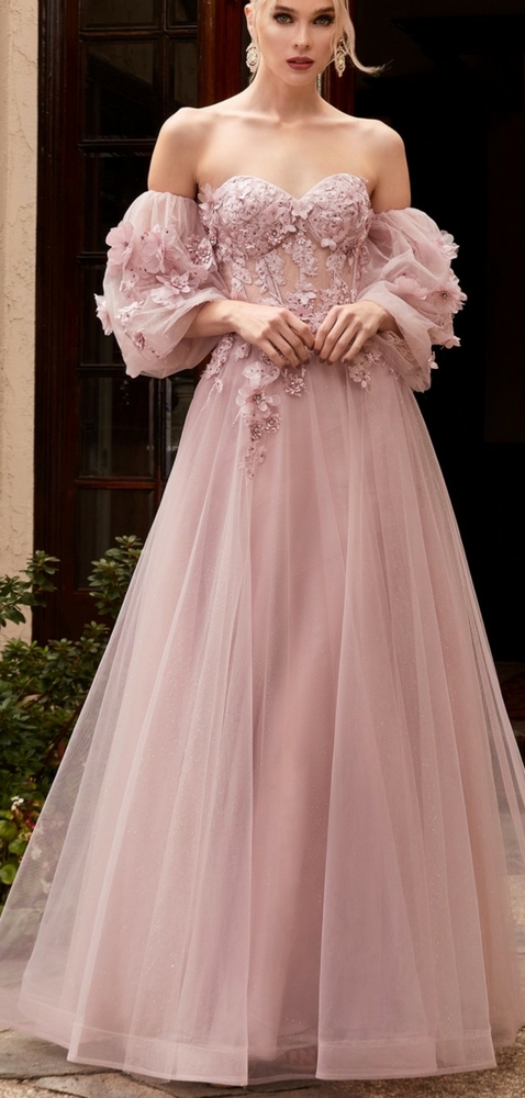 MAUVE LAYERED TULLE Formal  evening gown WITH Detacable SLEEVES, floral design